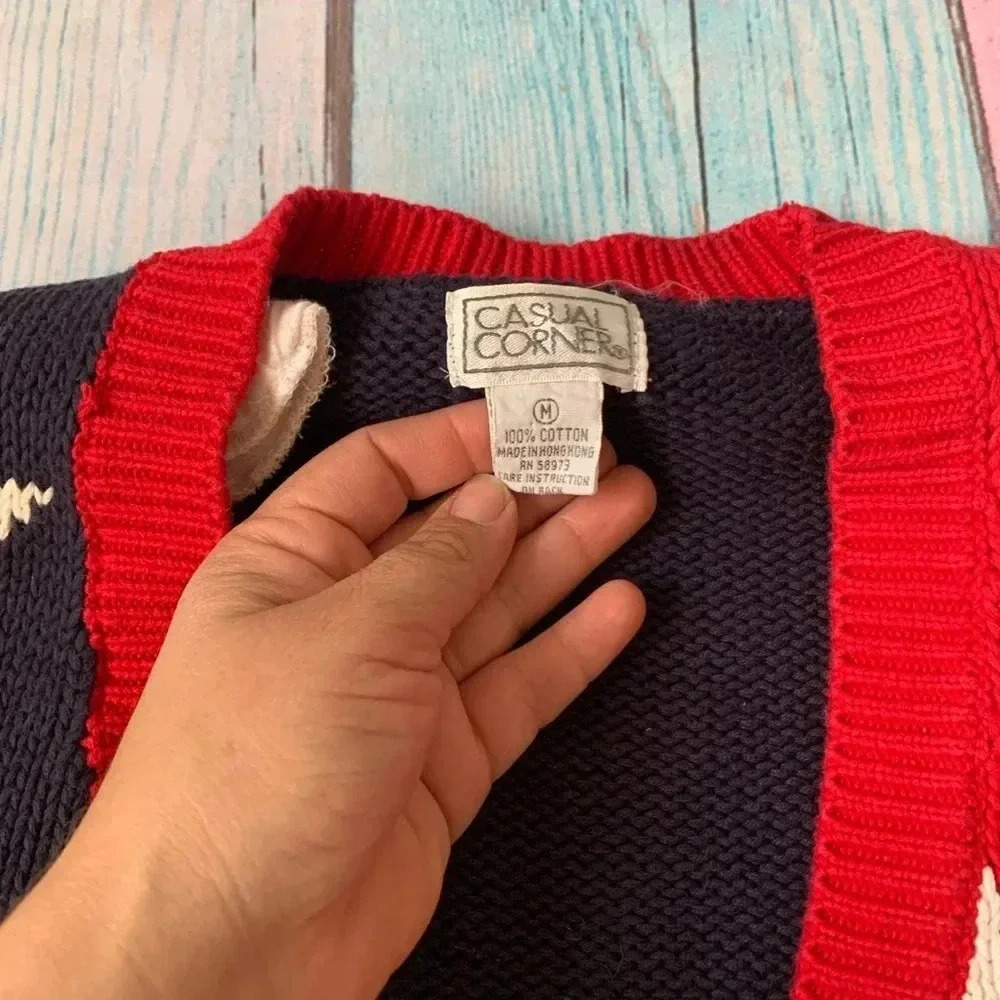Vintage casual corner 100% cotton American flag V-neck button up sweater - Picture 7 of 8